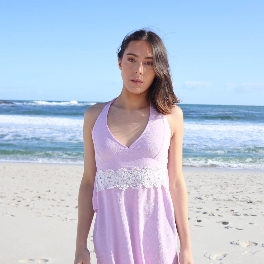 Handmade lilac halter neck smocked maxi dress by Ginger Mary